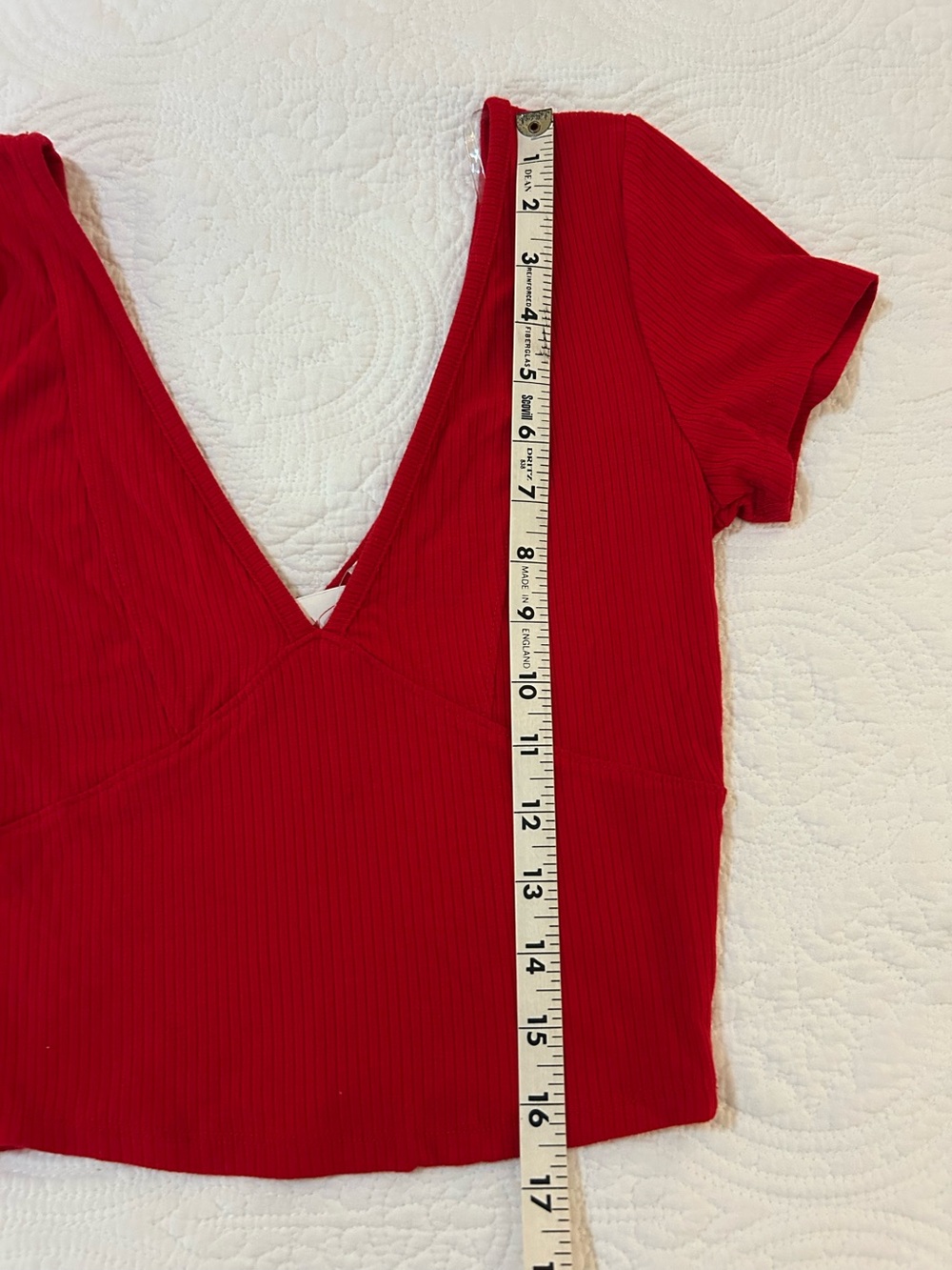 Red V-Neck Short Sleeve Women's Crop Top - Picture 2 of 5